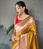 Yellow Silk Saree,Paithani Rich Weaved Pallu Saree,Blouse-not As Per Image