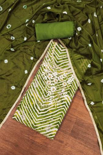 Green Roman Cotton silk blend Embellished Unstitched Dress Material