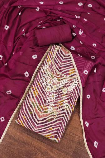 Wine Roman Cotton silk blend Embellished Unstitched Dress Material