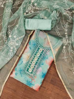 Turquoise Viscose Organza Embellished Unstitched Dress Material 1