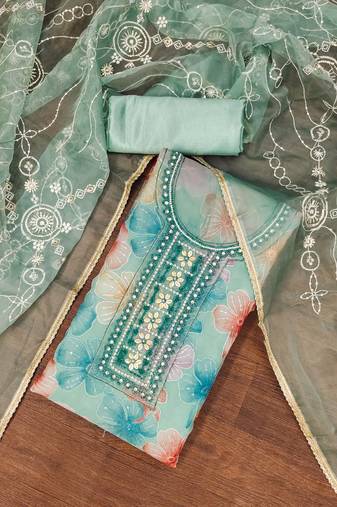 Turquoise Viscose Organza Embellished Unstitched Dress Material