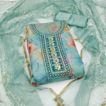 Turquoise Viscose Organza Embellished Unstitched Dress Material 2