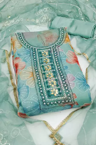 Turquoise Viscose Organza Embellished Unstitched Dress Material