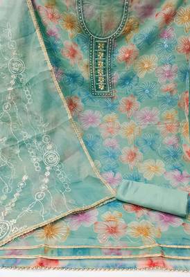 Turquoise Viscose Organza Embellished Unstitched Dress Material 3
