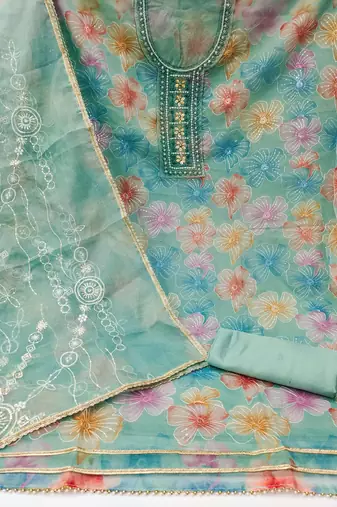 Turquoise Viscose Organza Embellished Unstitched Dress Material