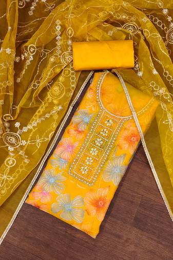 Yellow Viscose Organza Embellished Unstitched Dress Material