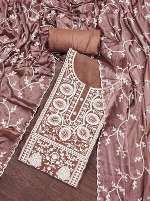 Brown Viscose Organza Embroidered Unstitched Dress Material 1