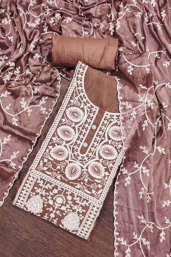 Brown Viscose Organza Embroidered Unstitched Dress Material