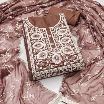 Brown Viscose Organza Embroidered Unstitched Dress Material 2