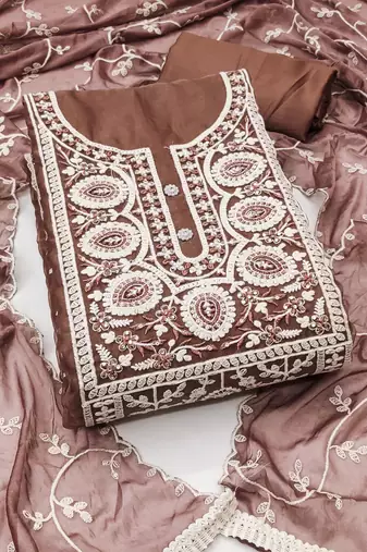 Brown Viscose Organza Embroidered Unstitched Dress Material