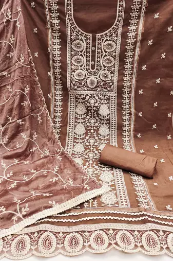 Brown Viscose Organza Embroidered Unstitched Dress Material
