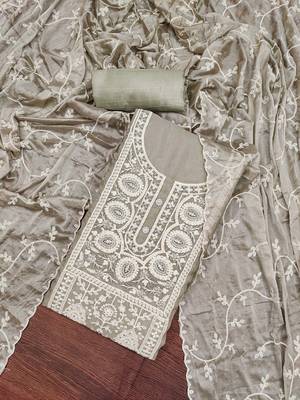 Light Grey Viscose Organza Embroidered Unstitched Dress Material 1