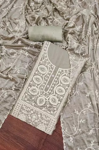 Light Grey Viscose Organza Embroidered Unstitched Dress Material