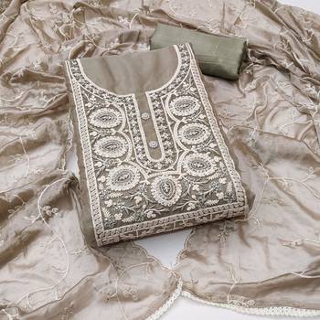 Light Grey Viscose Organza Embroidered Unstitched Dress Material 2
