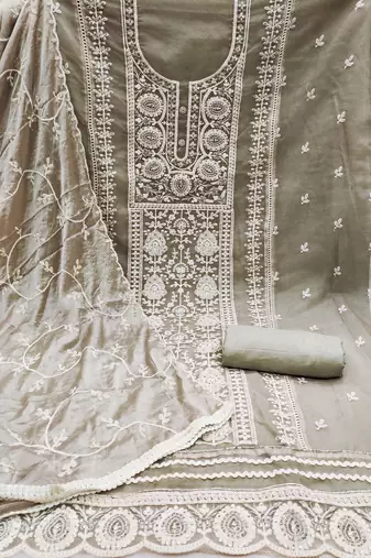 Light Grey Viscose Organza Embroidered Unstitched Dress Material