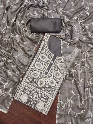 Grey Viscose Organza Embroidered Unstitched Dress Material 1