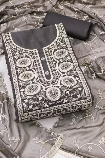 Grey Viscose Organza Embroidered Unstitched Dress Material