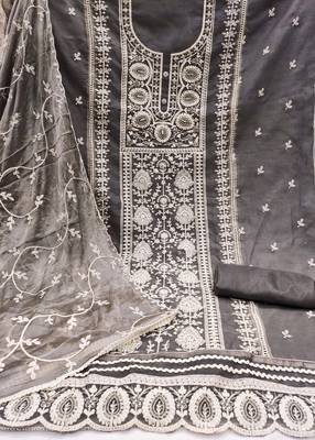 Grey Viscose Organza Embroidered Unstitched Dress Material 3