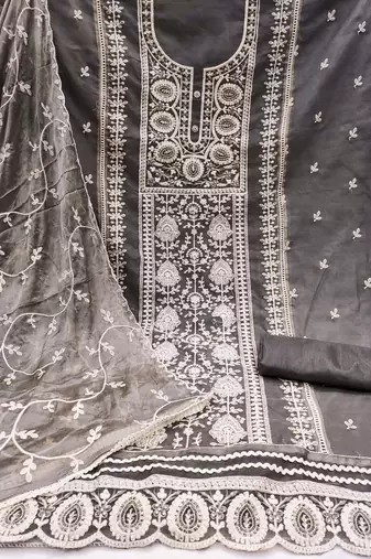 Grey Viscose Organza Embroidered Unstitched Dress Material