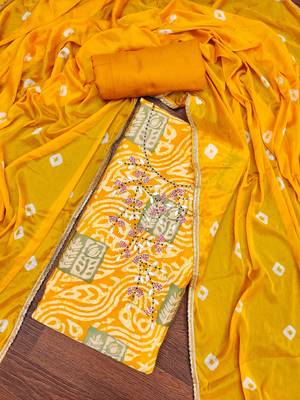 Yellow Roman Cotton silk blend Hand Work Unstitched Dress Material 1