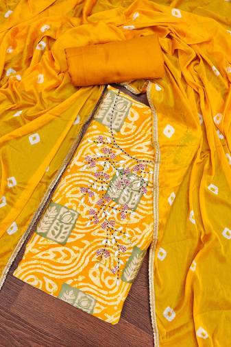 Yellow Roman Cotton silk blend Hand Work Unstitched Dress Material