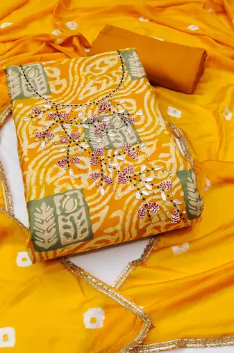 Yellow Roman Cotton silk blend Hand Work Unstitched Dress Material