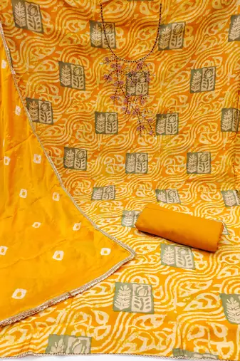 Yellow Roman Cotton silk blend Hand Work Unstitched Dress Material