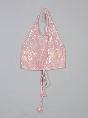 Saka designs sequence work halter neck pink crop top for girls 1