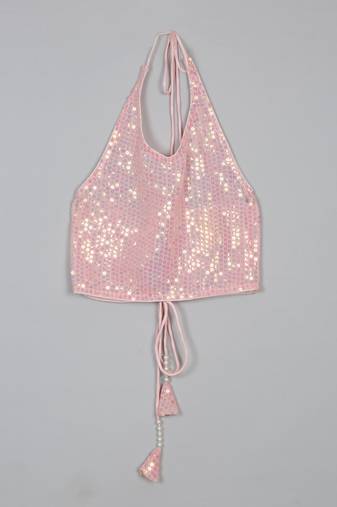 Saka designs sequence work halter neck pink crop top for girls