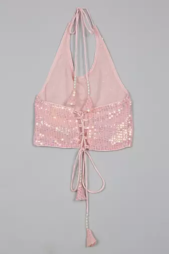 Saka designs sequence work halter neck pink crop top for girls