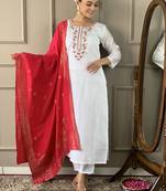 Embroidered Viscose Chanderi Fabric Straight Kurta, Pant and Dupatta Set