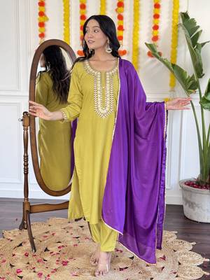 Embroidered Rayon Slub Straight Kurta, Pant and Dupatta Set 1