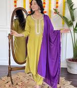 Embroidered Rayon Slub Fabric Straight Kurta, Pant and Dupatta Set