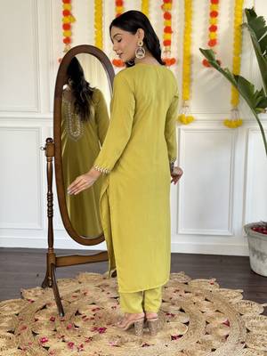 Embroidered Rayon Slub Straight Kurta, Pant and Dupatta Set 2