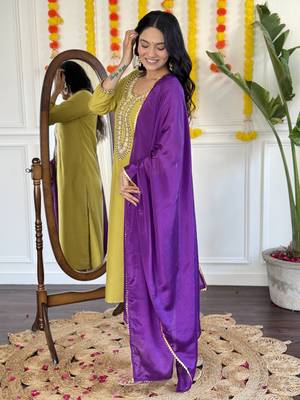 Embroidered Rayon Slub Straight Kurta, Pant and Dupatta Set 3