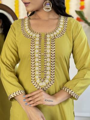 Embroidered Rayon Slub Straight Kurta, Pant and Dupatta Set 4