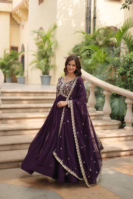 Wine georgette sequins embroidered flaried designer gown with dupatta 3