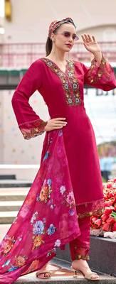 Rose pink floral hand work silk full stitched suits with floral organza dupatta 1
