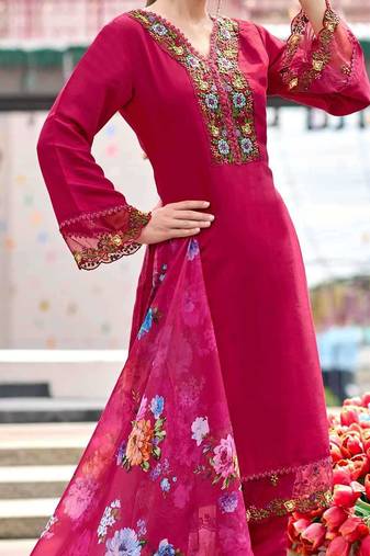 Rose pink floral hand work silk full stitched suits with floral organza dupatta
