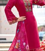 Rose pink floral hand work silk full stitched suits with floral organza dupatta