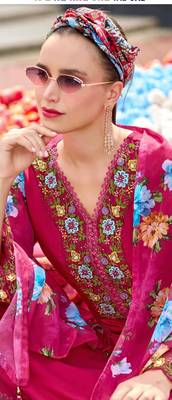 Rose pink floral hand work silk full stitched suits with floral organza dupatta 2
