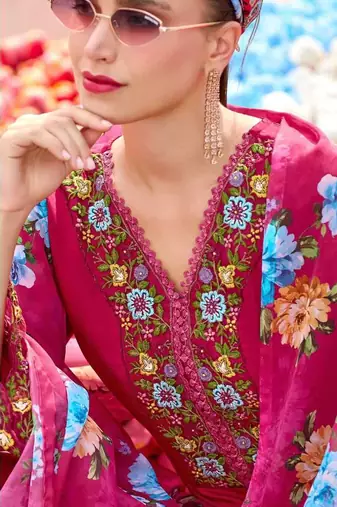 Rose pink floral hand work silk full stitched suits with floral organza dupatta