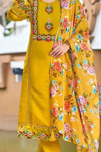 Yellow floral hand work silk full stitched suits with floral organza dupatta