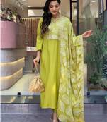 Yellow Embroidered Viscose Fabric Straight Kurta, Pant and Dupatta Set