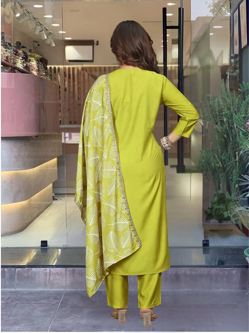 Yellow Embroidered Viscose Fabric Straight Kurta, Pant and Dupatta Set