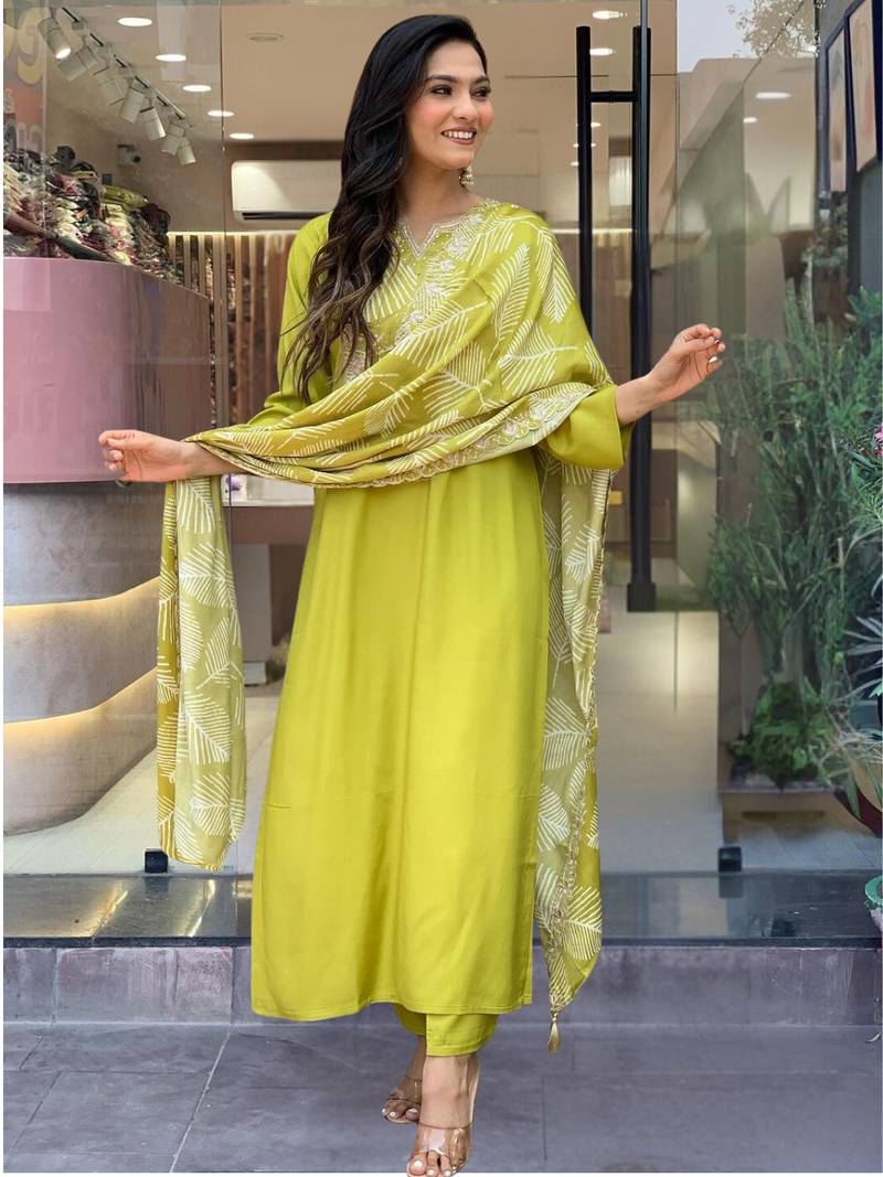 Yellow Embroidered Viscose Fabric Straight Kurta, Pant and Dupatta Set