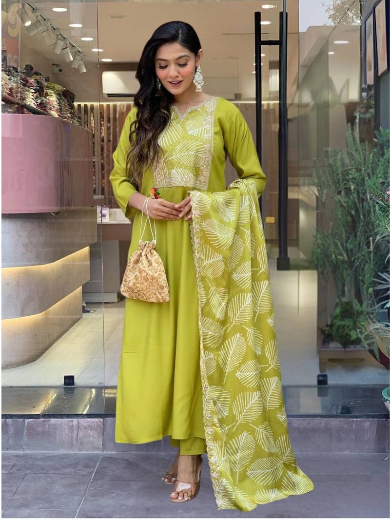 Yellow Embroidered Viscose Fabric Straight Kurta, Pant and Dupatta Set