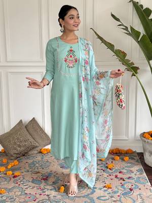 Thread Work Rayon Fabric Straight Kurta, Pant and Dupatta Set 1