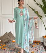 Thread Work Rayon Fabric Straight Kurta, Pant and Dupatta Set
