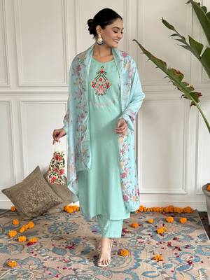 Thread Work Rayon Fabric Straight Kurta, Pant and Dupatta Set 3